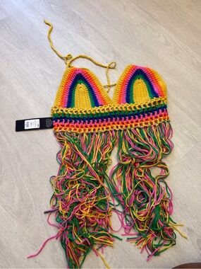 Fashion Nova Crochet Fringe Festival Top in Yellow, Pink, Green & Blue